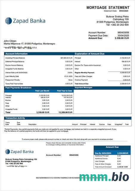 Czarnogóra Zapad banka AD wyciąg z kredytu hipotecznego szablon Word i PDF